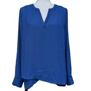 Anne French Navy Blue Front Overlap Blouse Top Tunic Round Split Neck Size M